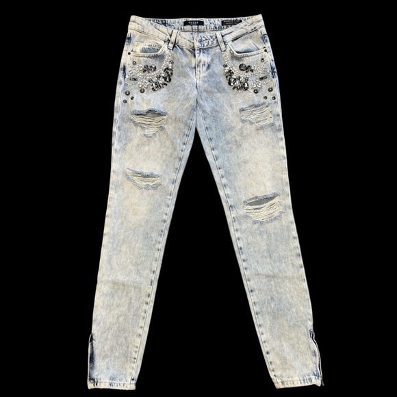 Guess light wash bling rhinestone studded distressed glam edgy chic jeans NWT 26 - Picture 2 of 15